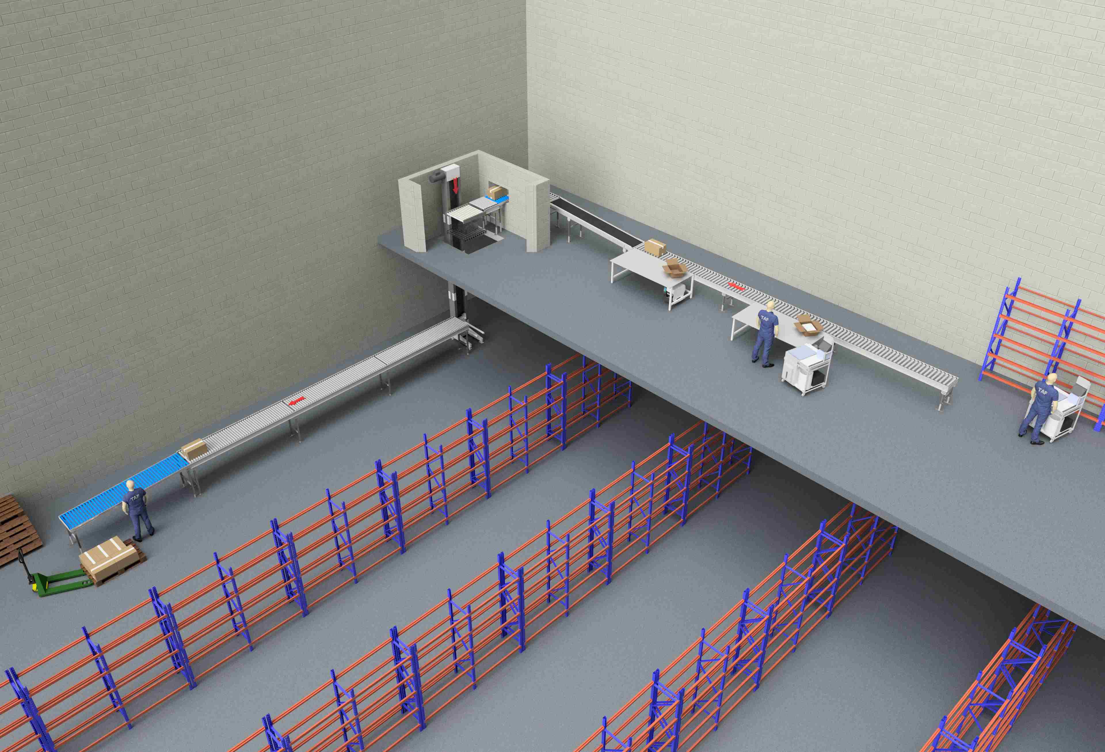 Kommissionierung und Verpackung auf mehreren Etagen mit Rollenbahnen und Foerderbaendern