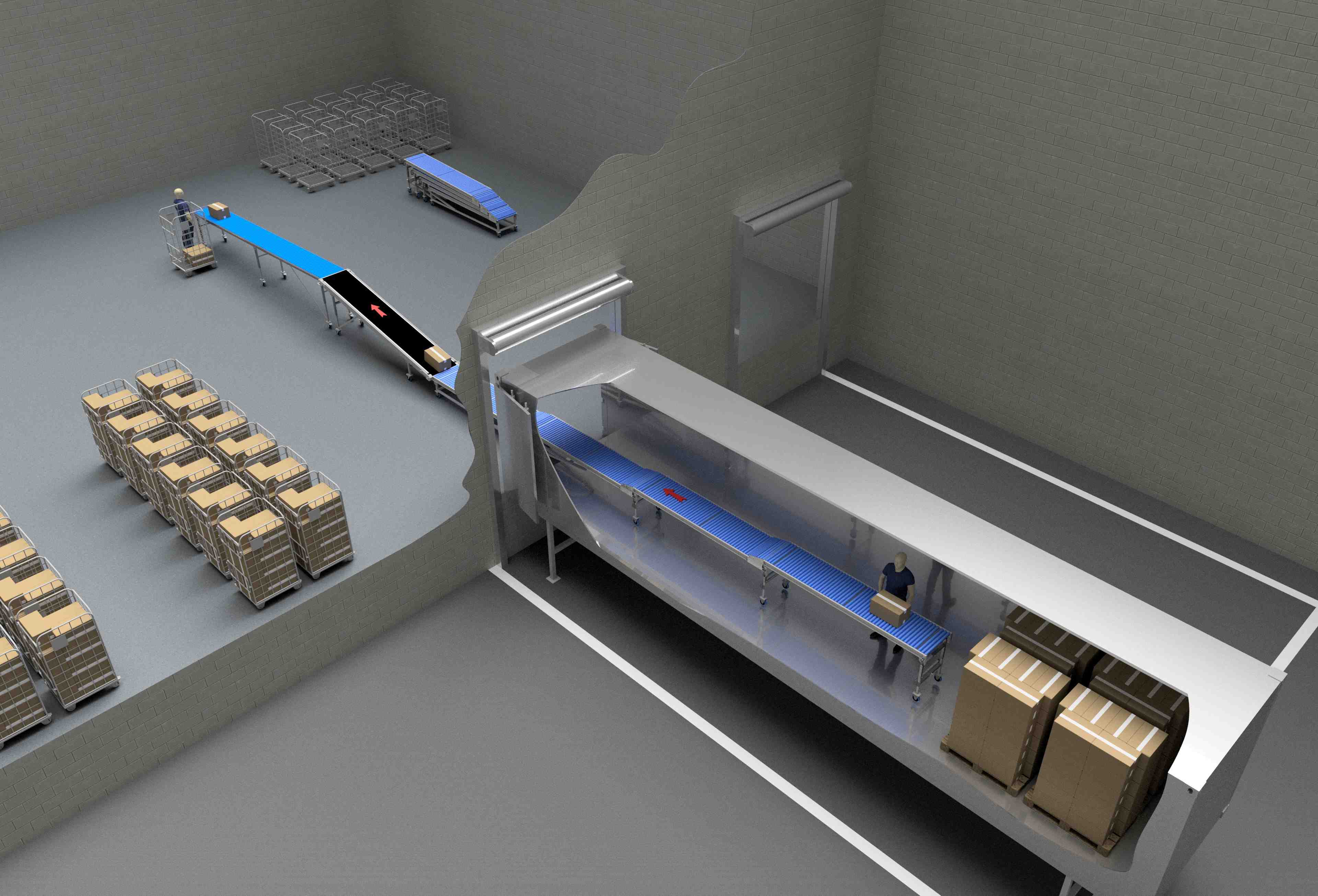 Logistikloesung für den Wareneingang mit einer Entladevorrichtung und einem Foerderband