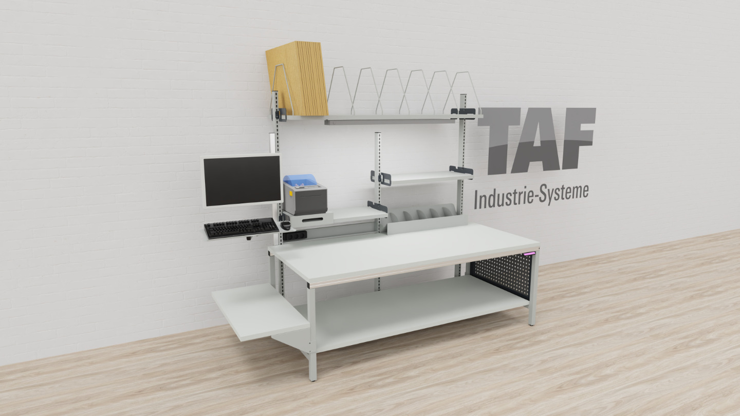 Packtisch TAF Basic C – Vollausgestatteter Digitalarbeitsplatz 2000 × 900 mm mit Monitor, Tastatur & Etikettendrucker