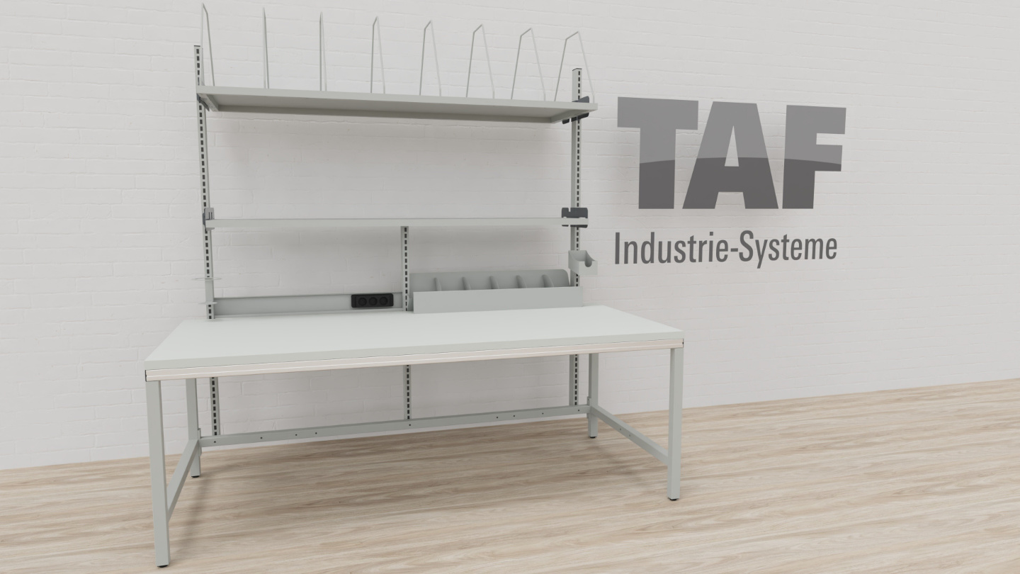 TAF Packtisch Basic B mit großformatigem Faltschachtelmagazin 1740 mm und Aufhängeschiene, Gesamtbreite 2000 mm