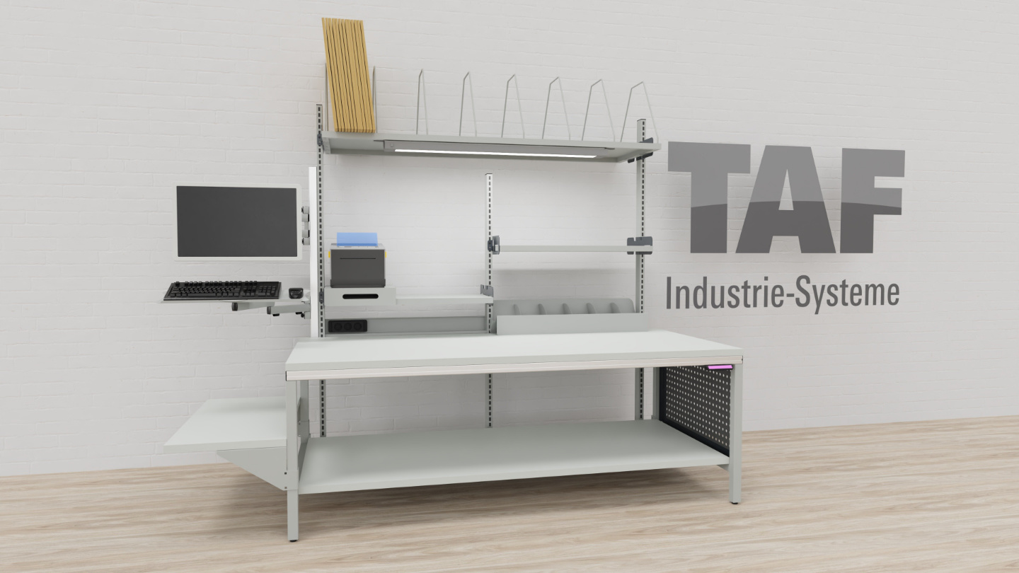 TAF Packtisch Basic C mit Monitorhalter NOVUS, Tastaturhalter, dimmbare Arbeitsplatzleuchte, Etikettendrucker-Auszug und Lochblech, Breite 2000 mm