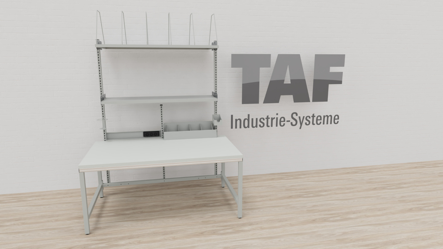 TAF Packtisch Basic A mit Faltschachtelmagazin, Ablageboden und 3-fach Steckdosenleiste, Arbeitsbreite 1600 mm