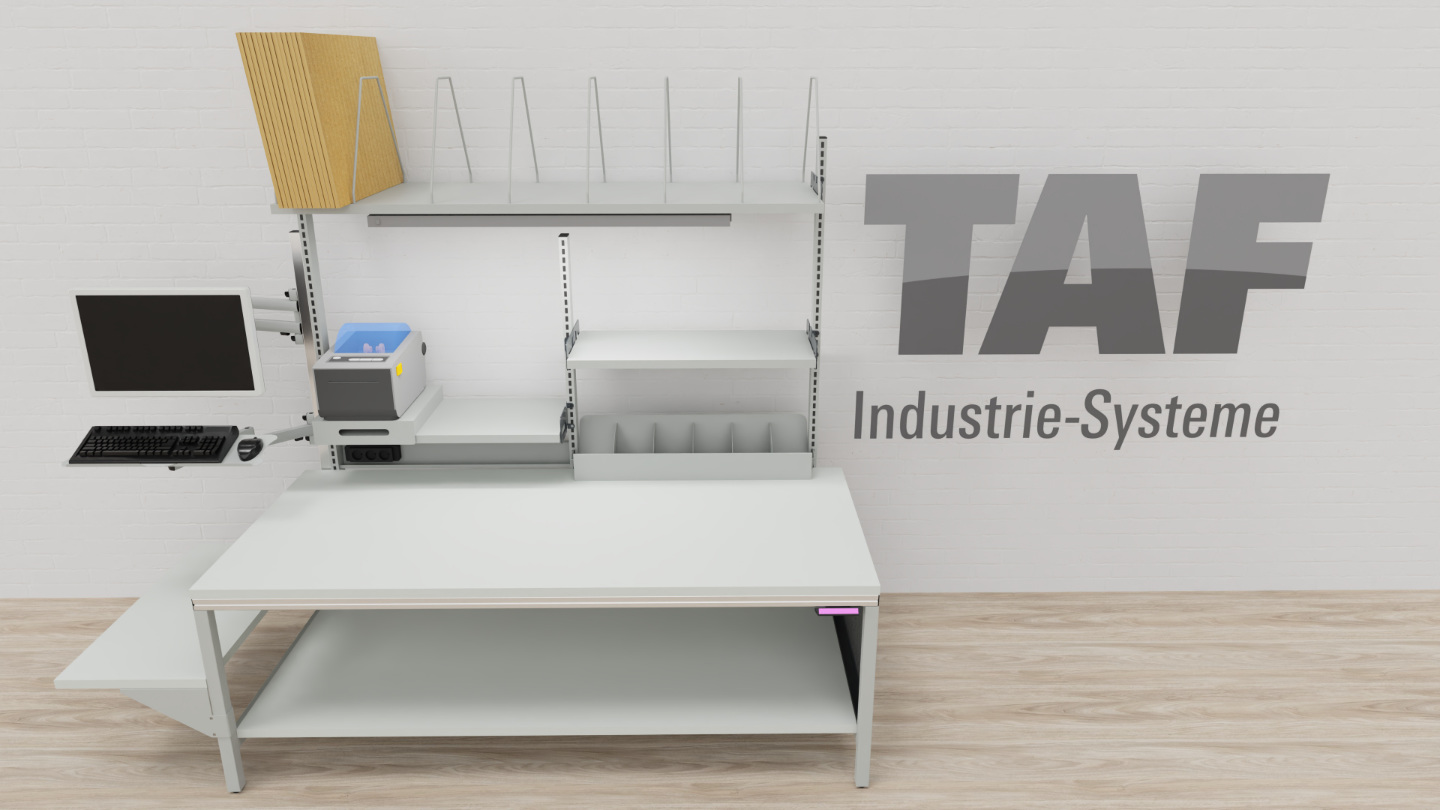 Packtisch TAF Basic C – Vollausgestatteter Digitalarbeitsplatz 2000 × 900 mm mit Monitor, Tastatur & Etikettendrucker